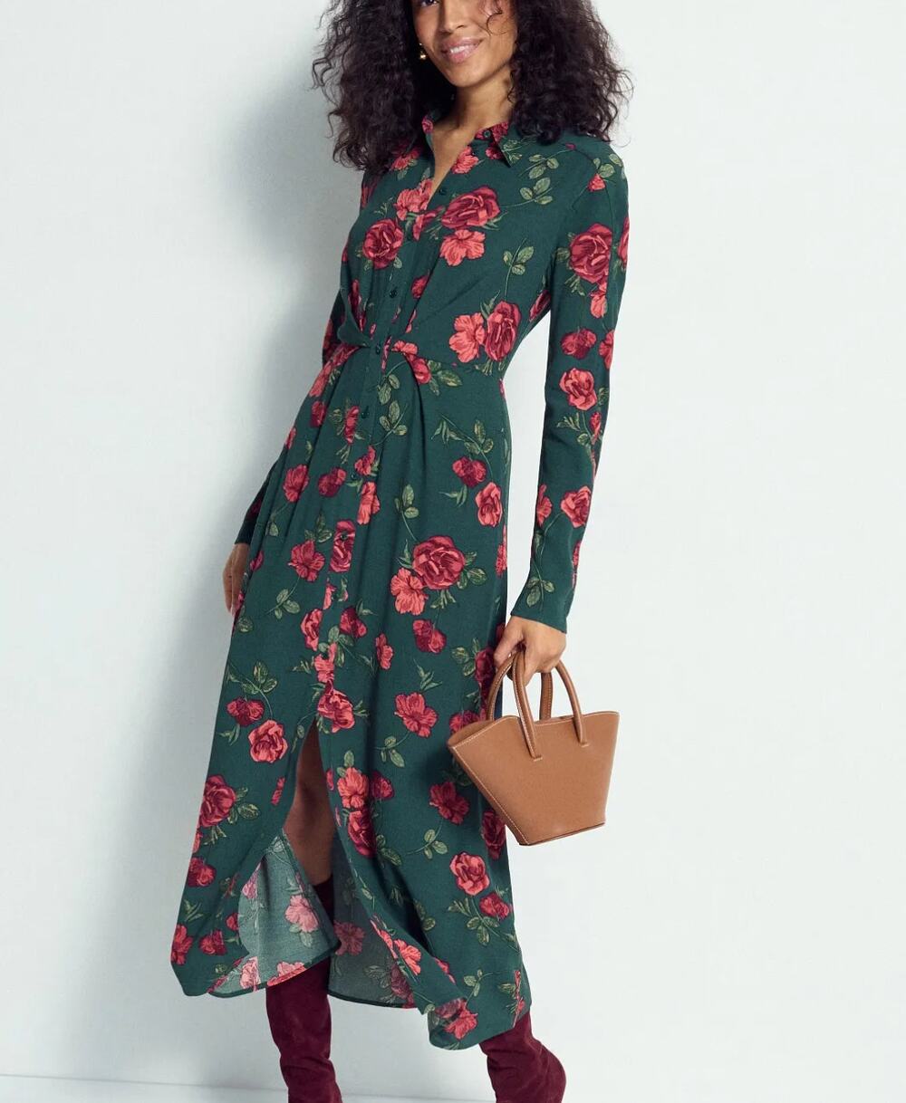 Favorite Daugher Teal Rose Floral Midi Dress Size 6 Work Shirt Day Designer $265